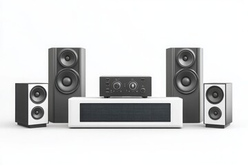 Fototapeta premium Stereo system with speakers amplifier and soundbar on a white background
