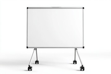 A clean white board on a stand with wheels against a white studio background