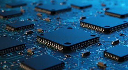 Close up of computer processors on circuit board displaying electronic technology