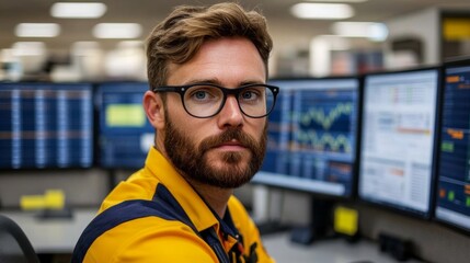 Finance analyst analyzing market trends in modern office environment with multiple screens