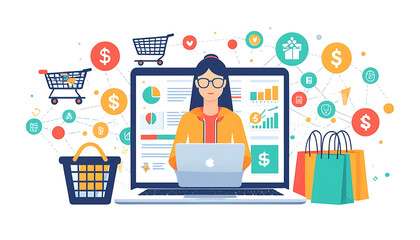 Vector isolated illustration of two partners shaking hands through a computer screen, with a megaphone nearby to represent promotion. Clean, minimal flat style on white background.