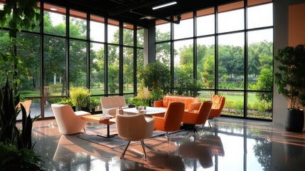 Modern office lounge with large windows orange seating and lush greenery offering a tranquil and productive workspace