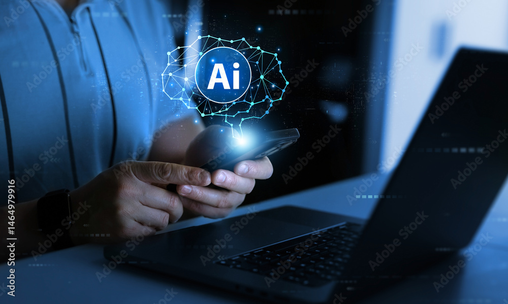 Poster ai brain development technology concept.big data technology, ai brain information.data transfer, and