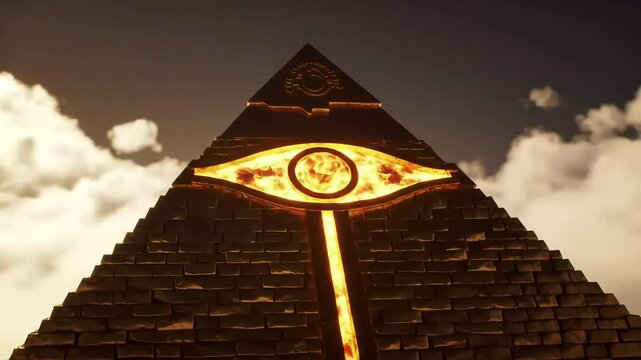 Illuminati symbol glowing at the top of a golden pyramid with mysterious sunlight