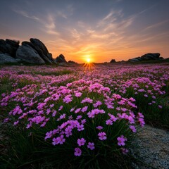 Obraz premium Sunset Blooms: A Vibrant Field of Pink Flowers Under a Golden Sky in a Rocky Landscape 