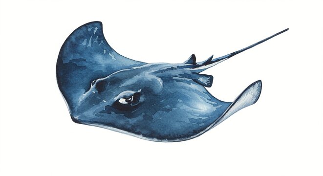  stingray swimming  - Watercolor painting of a stingray in shades of blue, capturing its unique shape and texture with delicate brushstrokes.