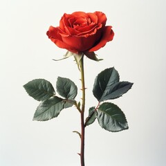 Captivating Red Rose Blossom: A Single Stem Beauty on a Neutral Background, Showcasing Its Elegant Petals, Thorns, and Lush Green Leaves in a Minimalist Still Life.