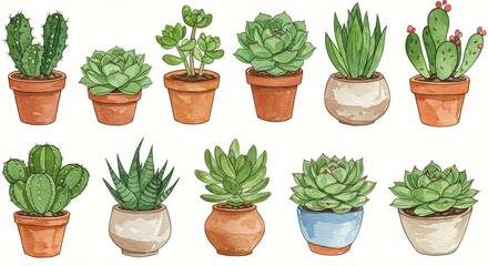 succulent assortment  - Watercolor succulents and cacti in terracotta and ceramic pots, each plant a unique artistic study against a white backdrop.