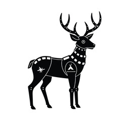 Elegant silhouette illustration of a decorated stag with festive antlers and geometric details in black and white
