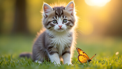 Kitten and butterfly in sunshine