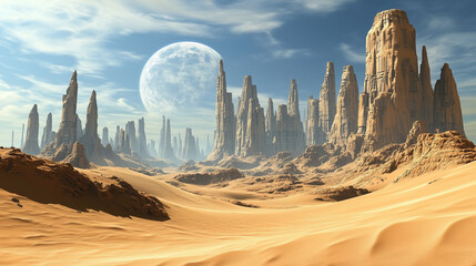 Expansive desert landscape with towering rock formations and moon  