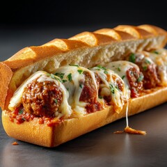Delicious Meatball Sub Sandwich with Melted Cheese on Fresh Bread, Perfectly Garnished with Herbs and Rich Marinara Sauce for a Tasty Meal Experience