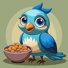 Cute Cartoon Blue Bird with Bowl of Seeds