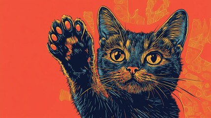 Stylized Cat Portrait with Paws Up in a Vibrant Red Hue