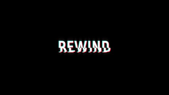 rewind text word white on black green 4K animation loop with dynamic glitch distortion effect. seamless effect for trailer, Sales and title poster banner.