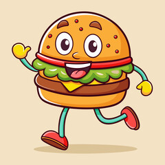 Happy Running Cartoon Burger Character Illustration