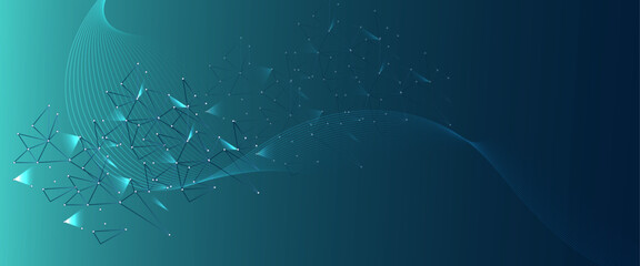 Abstract digital network with interconnected lines and dots on a deep blue background	