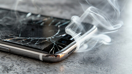 Broken smartphone screen with dark smoke coming out, representing digital addiction and technology overuse, negative impact of mobile devices on mental health.
