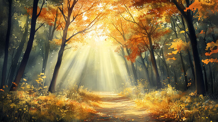 Tranquil forest pathway illuminated by golden autumn light  