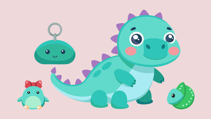 Adorable Cartoon Dinosaur with Cute Friends and Keychains