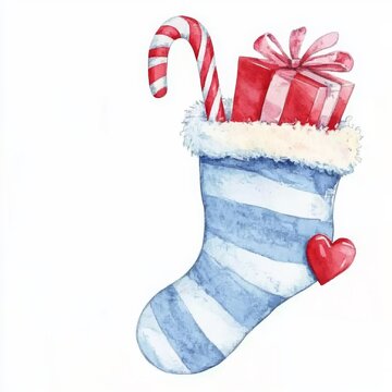 Charming watercolor clipart illustration of cute and adorable Christmas blue-striped stockings. Each stocking features a red, heart-shaped present and a candy cane, all set against a clean white backg