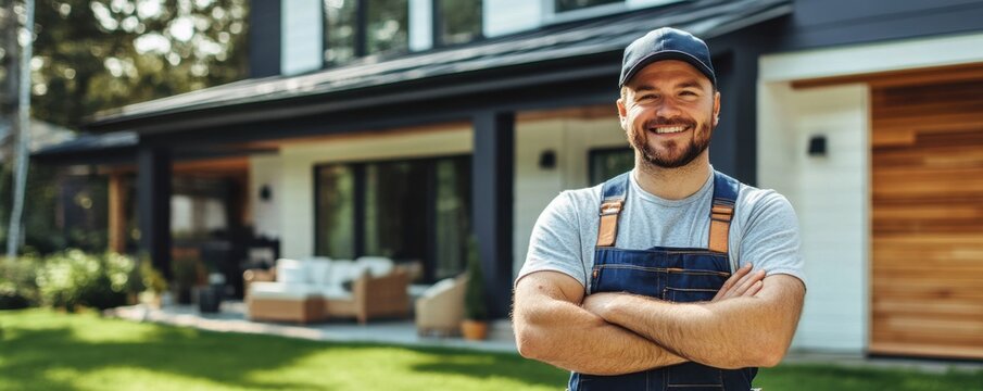 Smiling Man in Overalls Stands Outdoors at Modern House