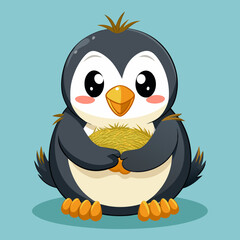 Adorable Cartoon Penguin Holding a Nest of Hay