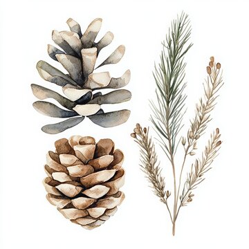 Watercolor clipart showcasing pine cones and long leaves in neutral colors, set against a white background. This delicate artwork captures the natural beauty of the pine cones and long leaves, making 