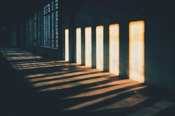 Naklejka premium Long hallway with sunlit windows casting shadows.