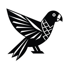 Bold black and white vector illustration of a stylized parrot with open wings in flight