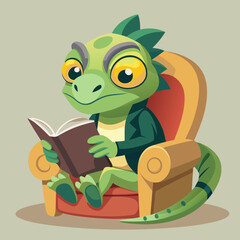 Adorable Green Lizard Reading a Book in an Armchair