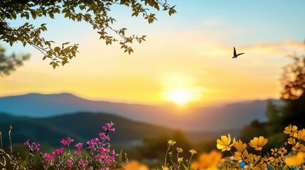 Serene Sunset Landscape Vibrant Wildflowers Silhouetted Branches and a Single Butterfly in Flight Over Rolling Hills