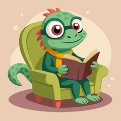 Cute Cartoon Lizard Reading a Book in an Armchair