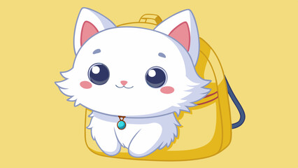 Adorable White Kitten Inside Yellow Backpack Cartoon Illustration