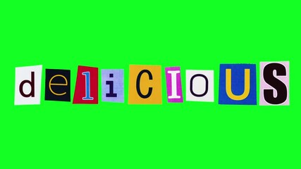 The word delicious made of colorful pieces of paper with printed letters moving on green screen background. Isolated template of title meaning tasty filmed in cartoon style stop motion animation