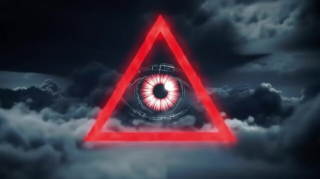 Illuminati symbol in red triangle glowing in the clouds with cosmic all-seeing eye