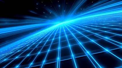 Obraz premium Futuristic blue grid with glowing lines and light beams, creating a digital or cyberspace atmosphere.