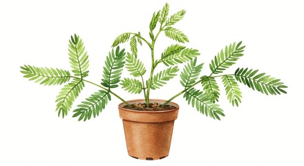 Obraz premium potted sensitive plant mimosa pudica - Watercolor illustration of a Mimosa pudica plant, also known as a sensitive plant, in a terracotta pot, against a white background.