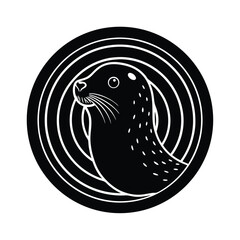 Black and white illustrated seal inside a circular emblem with concentric line design and minimalist style