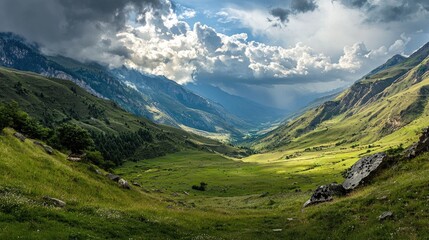 Fototapeta premium Lush valley nestled between towering mountain ranges.