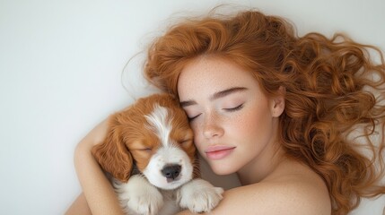 Heartwarming moment young girl and puppy snuggling together cozy indoor setting lifestyle photography intimate perspective