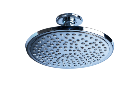 Refreshing chrome shower head with water droplets isolated on black background perfect for on transparent background