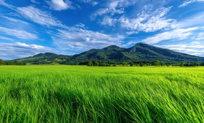 Fototapeta premium Lush Green Rice Paddy Field Under a Vibrant Blue Sky with Majestic Mountains in the Background