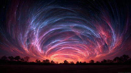 fantasy of nebula arcs radiating color over a horizon of stars