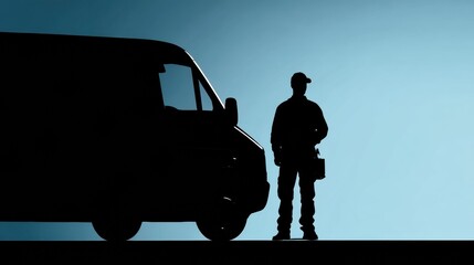 Fototapeta premium Service Worker Silhouette Standing Next to Delivery Van at Dusk, Preparing for Evening Tasks Generative AI