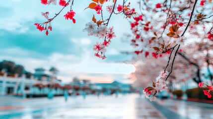 Delicate Pink and White Blossoms on Branch Soft Focus Background Springtime Scene Urban Setting Pastel Colors Tranquil Atmosphere Natural Beauty