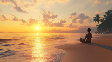 Fototapeta premium Person meditating peacefully on a beach at sunset 