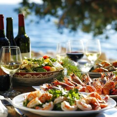 Seafood Salad Wine on Table