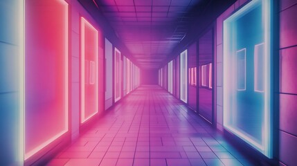 Neonlit Futuristic Corridor Pink  Blue Glows Into the Distance