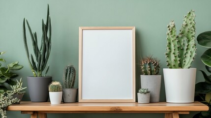 Modern Cactus Arrangement with Empty Frame on Wooden Shelf